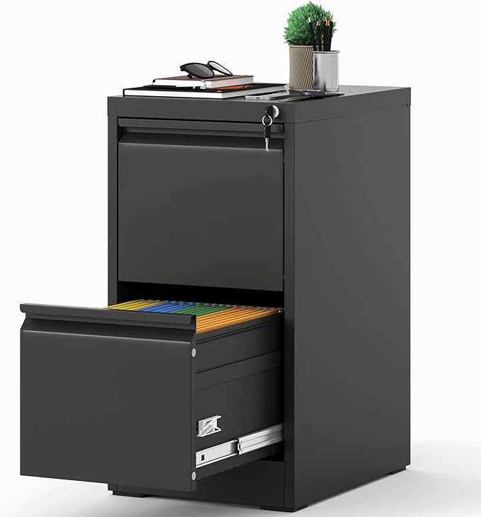 Reegangfa 2 Drawer File Cabinet with Lock, 18" D Metal Vertical Filing Cabinets, Steel File Storage Cabinets for Home Office, Hanging A4 Legal/Letter Size Narrow File Cabinet, Assembly Required