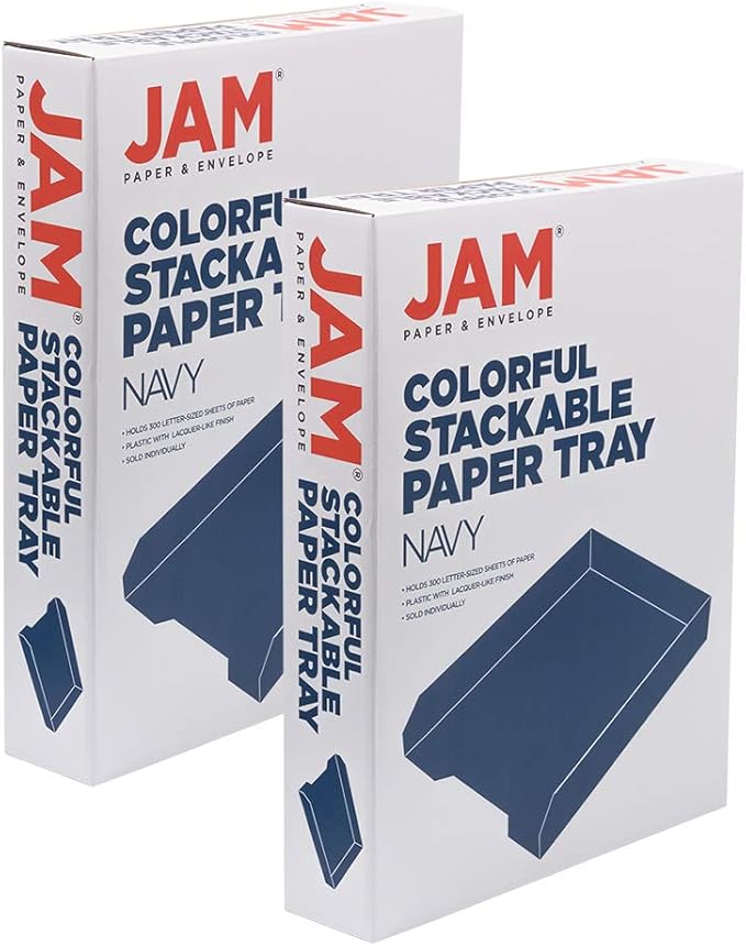 JAM PAPER Stackable Paper Trays - Navy Blue - Desktop Document, Letter, & File Organizer Tray - 2/Pack