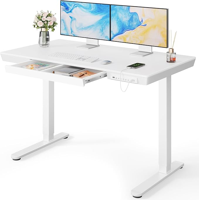 Marsail Standing Desk with Drawer, 48 x 24 inch Whole Piece Tabletop Electric Standing Desk, Height Adjustable Desk with USB Charging Ports, Sit Stand Desk with Storage for Home & Office White