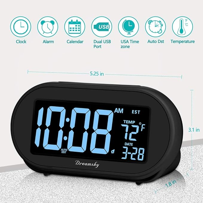 DreamSky Alarm Clocks for Bedrooms, Auto Set Digital Desk Clock for Bedside Nightstand, Electric Clock with Dimmable Brightness Dimmer, Auto DST, USB Port, Date, Temperature, Snooze