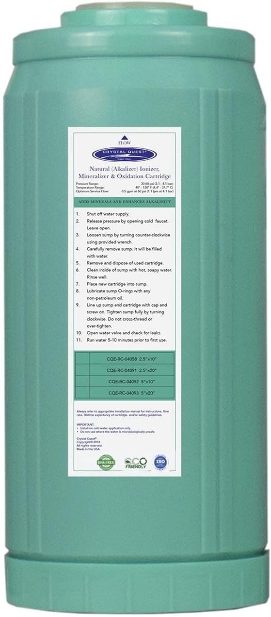 Crystal Quest Alkalizer, Ionizer, Mineralizer & Oxidation Cartridge – Boosts pH & Alkalinity, Reduces Acidity & ORP, Enhances Taste with Essential Minerals, Long-Lasting Performance 4-5/8” x 9-3/4”
