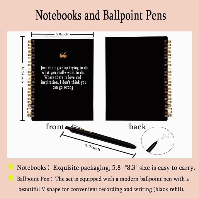 Motivational Notebook with Pen Set Just Don't Give Up, A5 Spiral Inspirational Journal for Women, 160 Pages College Ruled Photography Diary, Unique Coworker Goodbye Gift, Black & Gold