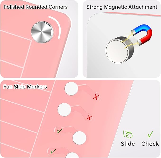 NiHome Acrylic Magnetic To Do List Planning Board with Sliders & Desktop Stand, Kids & Adults Chore Chart, Checklist Routine Chart Task Board for Fridge & Desk, For Magnetic Metal Surfaces Only (Pink)