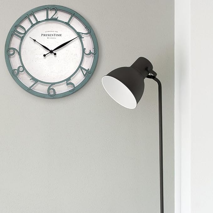 Presentime & Co 13" Farmhouse Series Wall Clock, Shiplap Style, Silent No Ticking, Coastal Clock, Raised 3D Arabic Numeral, Aged Teal Finish