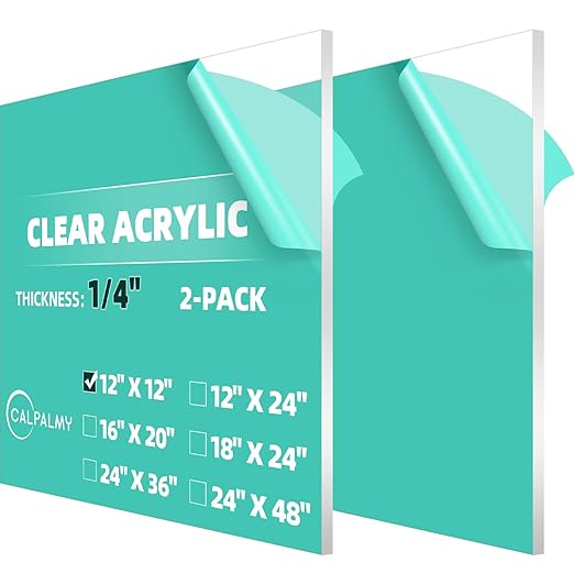 CALPALMY (2-Pack) 12 x 12 Inch Clear Acrylic Sheet Plexiglass 1/4" Thick; Use for Craft Projects, Signs, Display Cases, DIY Projects and More; Cut with Cricut, Engraver, Saw or Hand Tools – No Knives