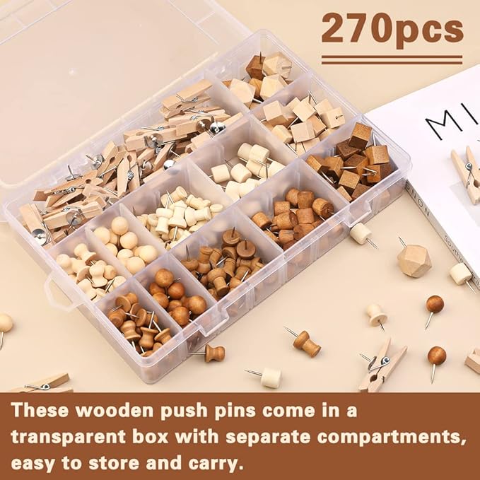 270 Pcs Wood Push Pins, 2 Colors and 7 Types Decorative Thumb Tacks Wooden Head Pin Marking Pin, Wood Thumb Tacks Decorative for Bulletin Boards Craft Projects with Storage Box
