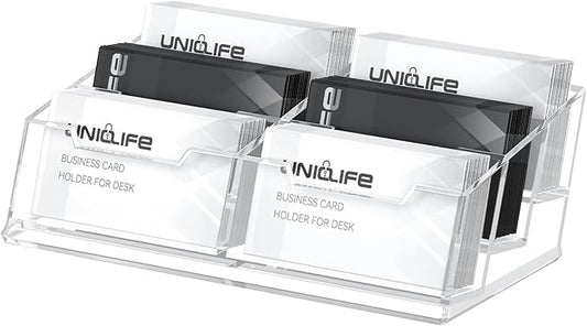 Uniclife Acrylic Business Card Holder for Desk 6 Slots Clear Business Card Display Stand for Men & Women Desktop Business Card Organizer Card Stand for Office Home Exhibition, 360 Card Capacity