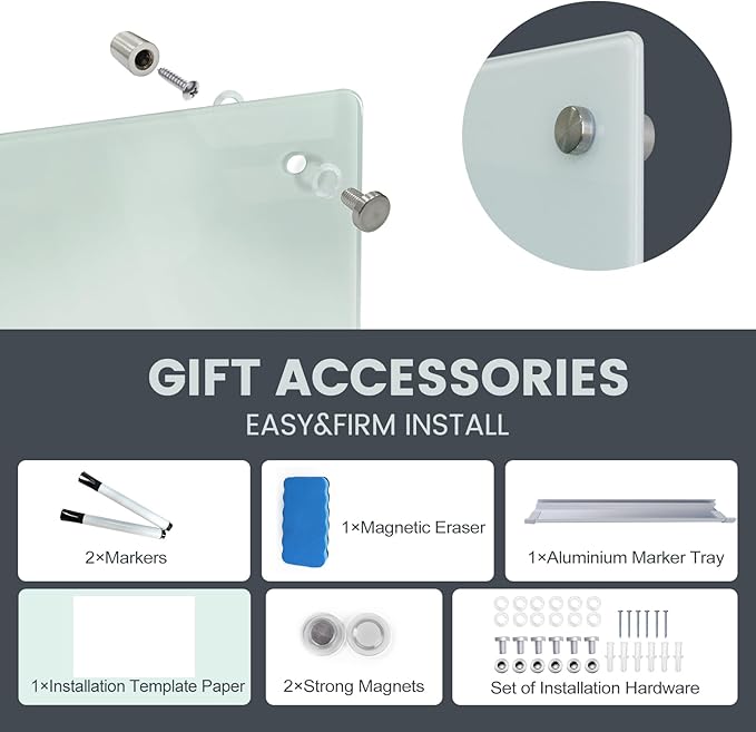 Glass Magnetic Dry Erase Board 60"x40" Frameless Wall Mounted Glass Whiteboard for Wall, Magnetic White glassboard 60"x40" for Office, Home & School