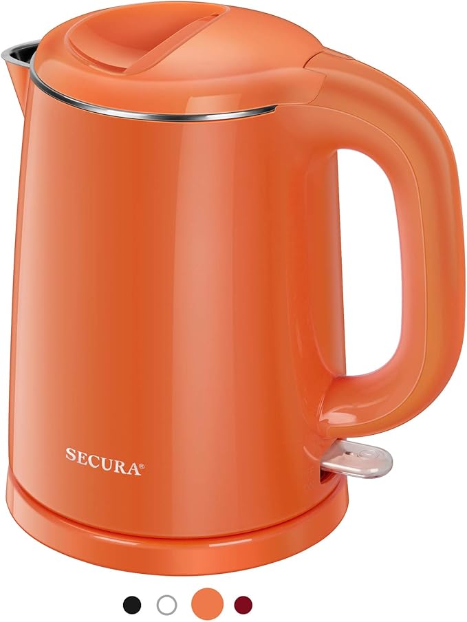 Secura Stainless Steel Double Wall Electric Kettle Water Heater for Tea Coffee w/Auto Shut-Off and Boil-Dry Protection, 1.0L (Orange) SWK-1001DO/HB-K012