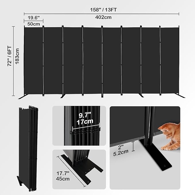 MAYOLIAH 8-Panel Black Room Divider 6ft Tall Folding Privacy Screen Portable Office Partition 160" W X 72" H