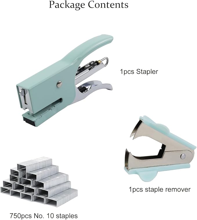 Aacehlh Small Hand-held Stapler Set, 15 Sheet Capacity, Includes 750Pcs Staples and A Staple Remover, Mini Desktop Stapler for Office, School, Home or Travel Use. (Mint Green)