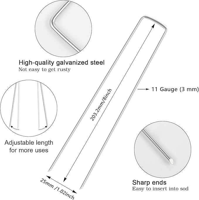 FEED GARDEN 8 Inch 100 Pack Galvanized Landscape Staples 11 Gauge Anti-Rust Garden Stakes Landscaping Fabric SOD Pins Yard Stakes for Weed Barrier Fabric
