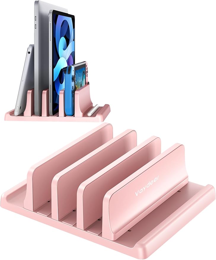 Vaydeer 3-Slot Vertical Laptop Stand Made of Premium ABS Plastics 5 in 1 Design Space-Saving Adjustable Desk Organizer for All MacBook/Chromebook/Surface (Pink)