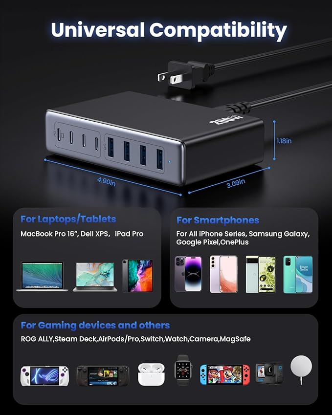 200W USB C Charger Block,GaN IV Charging Station 8 Ports,QC4.0 Fast Charging Station Hub+PD 65W USB C Laptop Charger Adapter Compatible with MacBook Air/Pro,DELL,iPhone 17/16/15,iPad,Steam Deck-Black