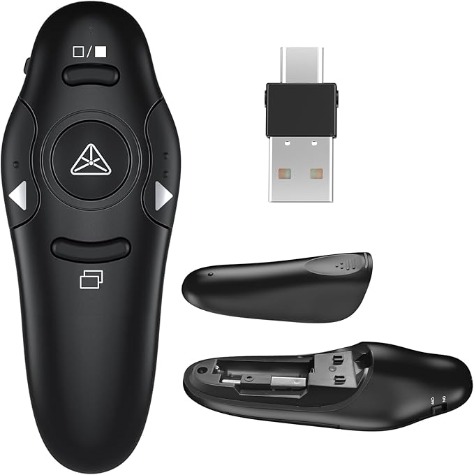 2-in-1 USB Type-C Presentation Clicker, Clikcer for Powerpoint Presentations, Presentation Clicker Wireless Presenter Remote Clicker with Volume Control, Presentation Remote Google Slide Advancer
