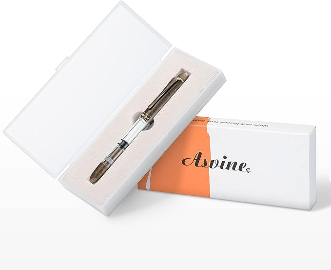 Asvine P30 Piston Fountain Pen Extra Fine, Retro Brass Style, Transparent Acrylic Large Ink Capacity Writing Gift Box