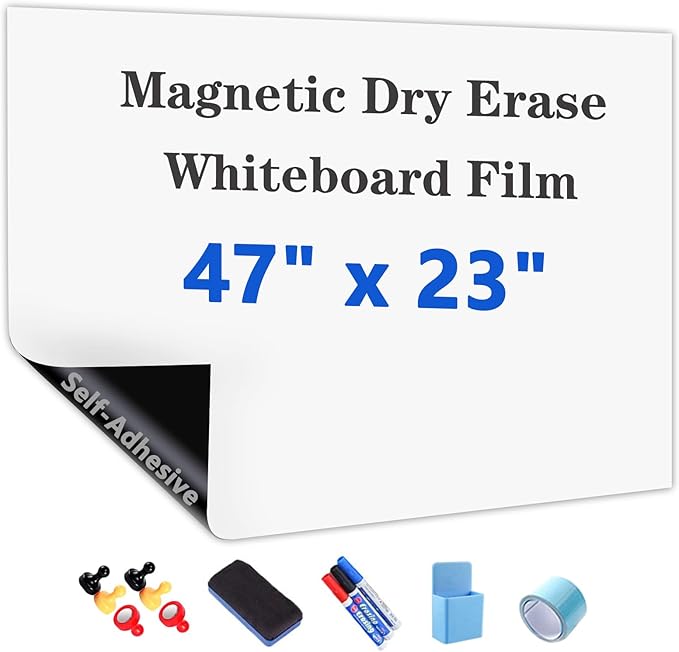 Magnetic Dry Erase Whiteboard Paper with Adhesive, 47" x 23" White Board Film for Wall, Easy to Write and Clean Dry Erase Board for Office, Classroom, Home, Include Marker, Magnetic Eraser and Magnets