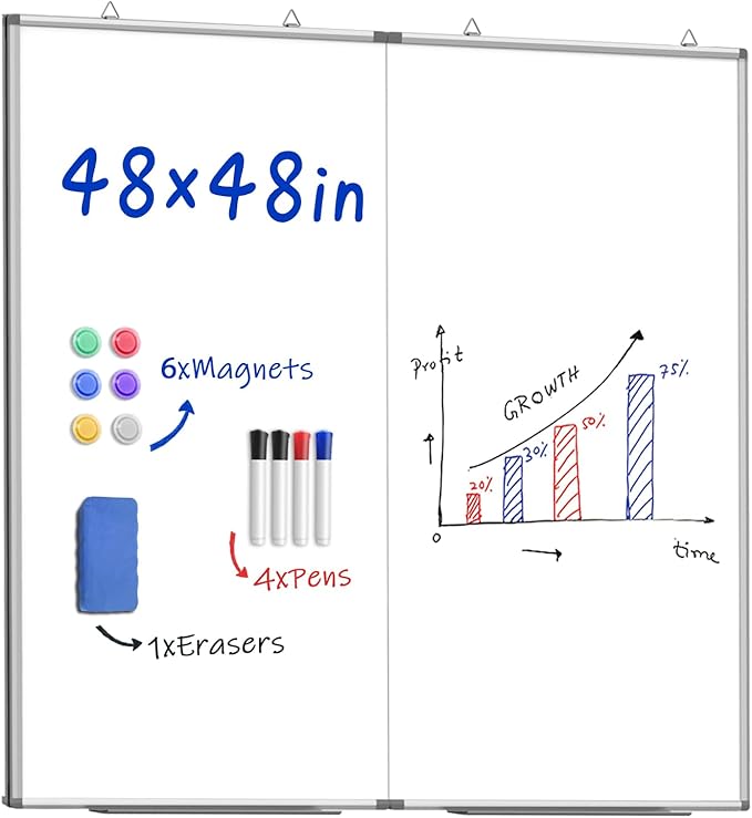 48"X 48" Large Magnetic Dry Erase Whiteboard, Removable Wall Hanging Board with 4 Pens & 1 Dry Erasers & 6 Magnets, Sliver Aluminum Frame White