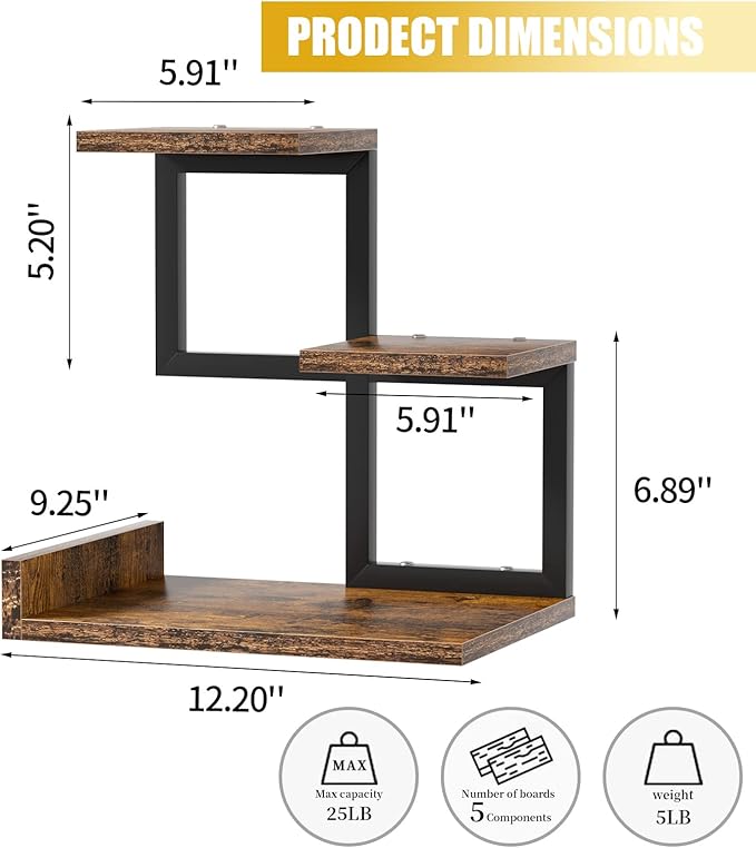 Gannyfer Desk Shelf Organizer - Wood Desktop Shelf, Freestanding Desk Hutch Office Decor, 3 Tier Storage Display Rack, Small Bookshelf with Metal Frame for Books/Plants/Toys (Rustic Brown Black)