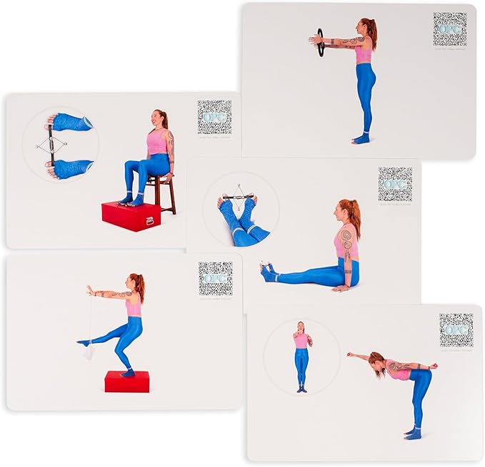 OnlinePilatesClasses Pilates Accessories Flashcards, 79 All-Levels Illustrated Cards Deck Set, Low Impact Home Fitness Workouts Guide with Postures & Routines, Workout Planner with Tips and Videos