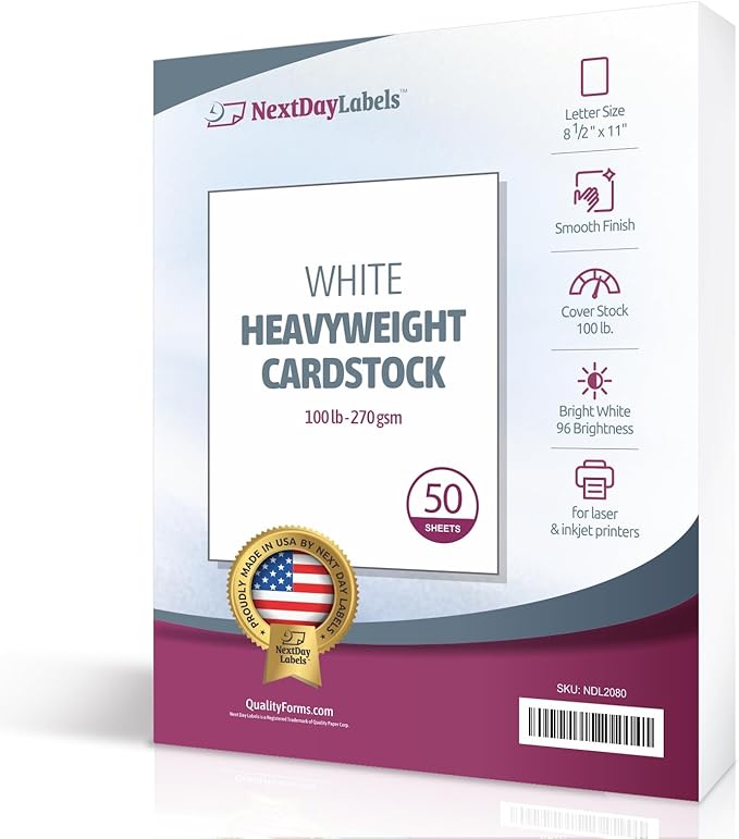 NextDayLabels 100 lb White Cover Cardstock - 50 Pack 8.5" x 11" Heavyweight Cover Paper (270 gsm) - Smooth Finish - Letter Size for Printing, Crafts, Invitations, Menus & More - Made in USA
