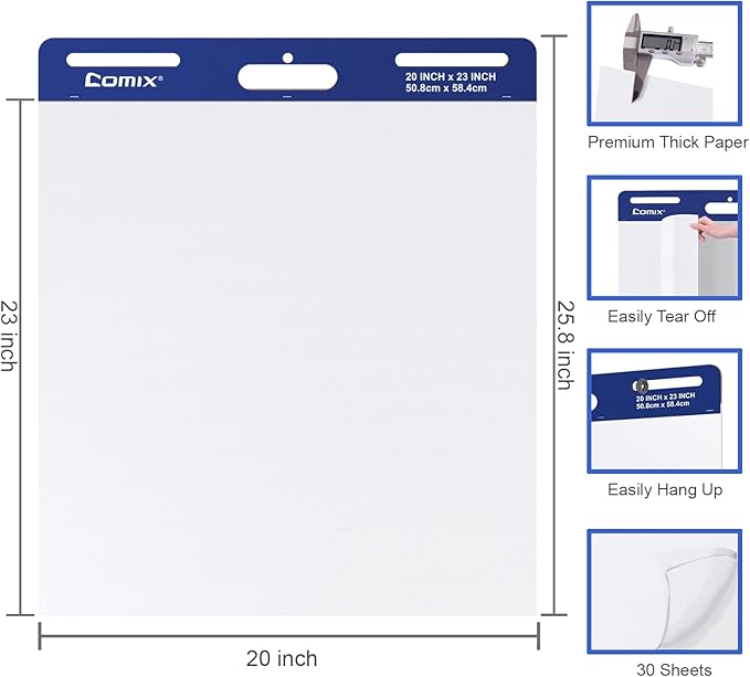 Comix Sticky Easel Pad, Large 20 x 23 Inches Flip Chart Paper for Teachers, Businessmen, Office Workers, Self Stick Easel Paper, 30 Sheets/Pad, 3 Pads/Pack