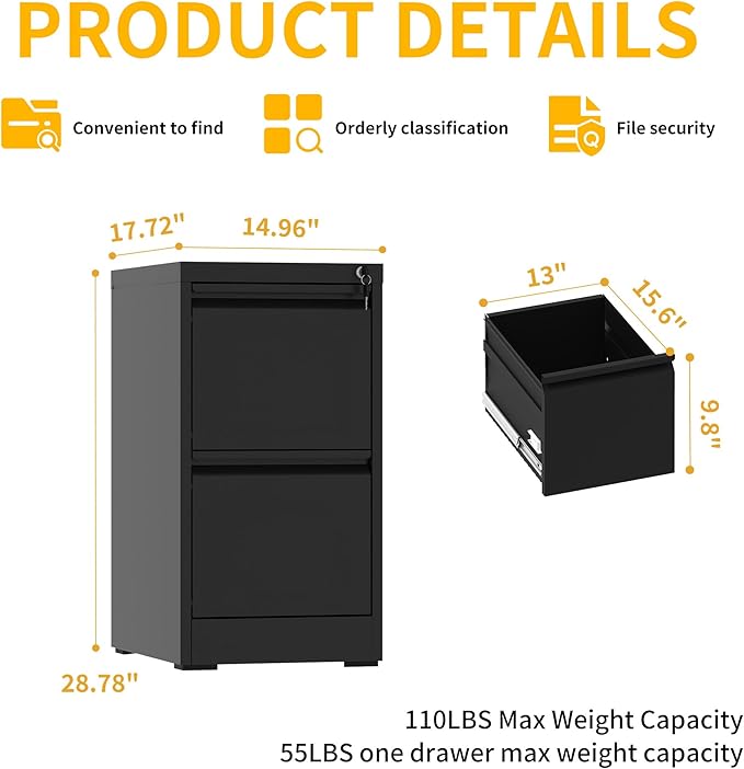 Reegangfa 2 Drawer File Cabinet with Lock, 18" D Metal Vertical Filing Cabinets, Steel File Storage Cabinets for Home Office, Hanging A4 Legal/Letter Size Narrow File Cabinet, Assembly Required