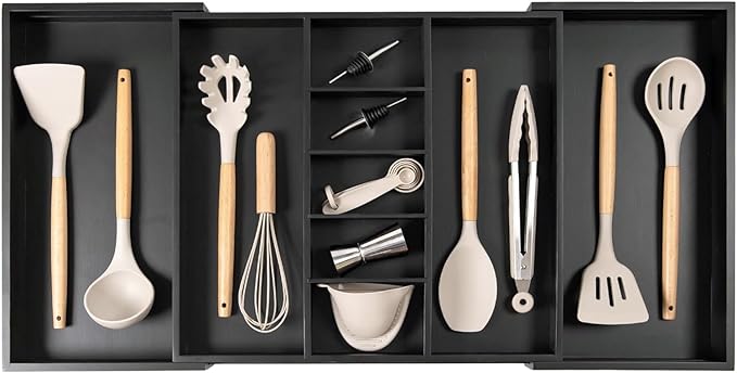 KitchenEdge Adjustable Kitchen Drawer Organizer for Utensils and Junk, Food-Safe Contract Grade with 100% Sustainable Wood, Expandable from 19 to 33 Inches Wide - Black Bamboo