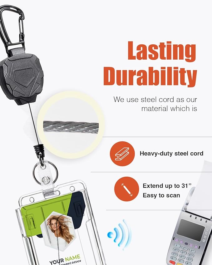 Badge Holder Retractable Clip Heavy Duty Carabiner Badge Reel Keychain with Lanyard ID Cards Holder(2 Pack)
