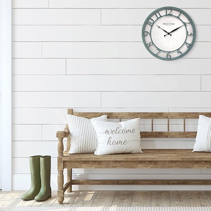 Presentime & Co 13" Farmhouse Series Wall Clock, Shiplap Style, Silent No Ticking, Coastal Clock, Raised 3D Arabic Numeral, Aged Teal Finish