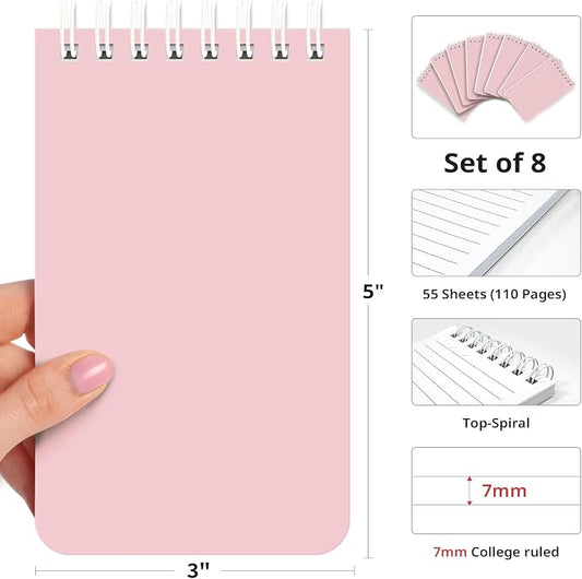 Taja Set of 8 Mini Pocket Notebook Top Spiral Nursing Notepads | Pink 3" x 5", Mini Little Spiral Notebook, Nursing Notepad, Perfect for Work, School, Office, Nurse, Travel