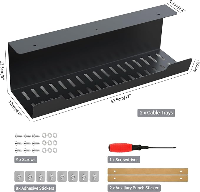 VIDOR Under Desk Cable Management Tray 2-Pack, 17" Cord Organizer, No Drill Alloy Steel, Perfect for Standing Desk and Office Home Wire Management