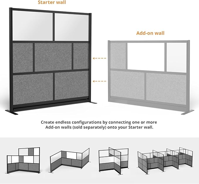 Stand Up Desk Store Expanse Modular Wall | 70'' x 70'' Wall | Expandable Partition Room Divider with Rearrangeable Frosted Acrylic & Sound Absorbent Panels (Black Frame)