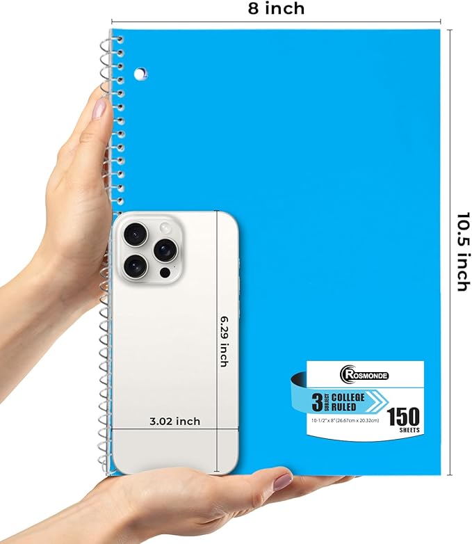 Rosmonde 720 Packs (Pallet) 3 Subject Notebooks, Spiral Notebook Bulk, College Ruled, Pallet of Notebooks,150 Sheets (300 pages),8 x 10-1/2",Bulk Spiral Notebooks for School & Office, 4-7 Days Transit