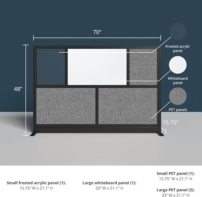 Workflow Modular Wall | Room Divider with Whiteboard, Sound-Dampening, & Frosted Acrylic Panels | Expandable Office Partition for Privacy & Productivity (70" x 48")