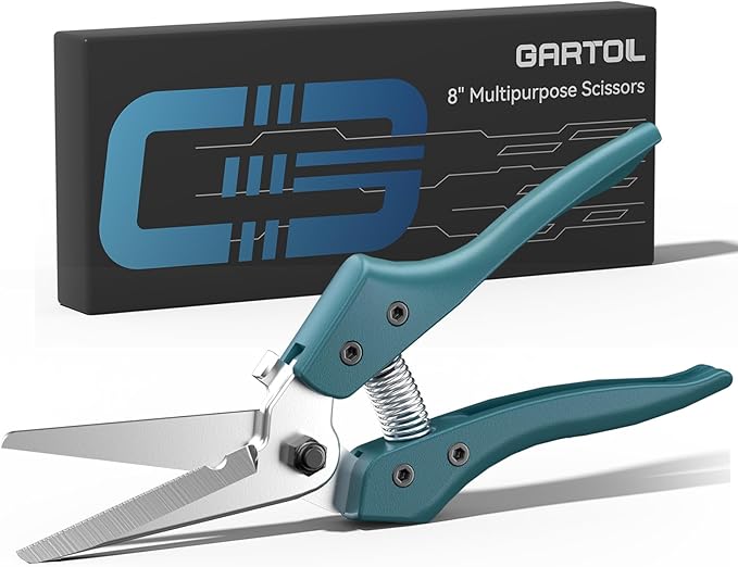 GARTOL 8" Scissors All Purpose Heavy Duty, Ultra sharp Tin Snips with Cable Notch, Finely Serrated Angled-Blades - Industrial Scissors for Carpet, Cardboard, Sheet Metal, Leather, Insulation, Wires