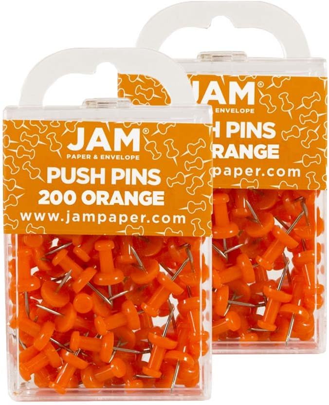 JAM PAPER Colorful Push Pins - Orange Pushpins - 2 Packs of 100
