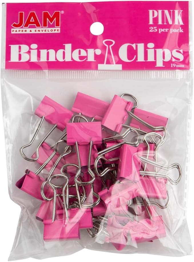 JAM PAPER Colorful Binder Clips - Small - 3/4 Inch (19 mm) - Pink Binderclips - 25/Pack