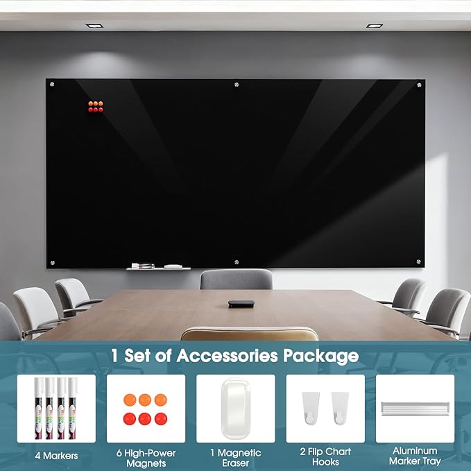 MaxGear Glass Whiteboard Wall Mounted, Frameless Magnetic Dry Erase Board, Tempered Glass, Steel-Backed, Non-Porous Smooth Surface, Floating Design, Accessories Included, for Office Home Classroom
