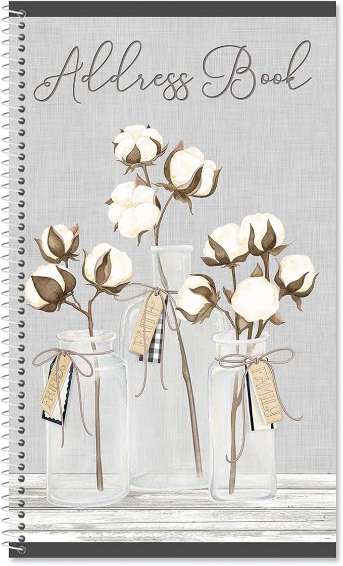 Current Farmhouse Bolls Address Book - 94 Pages; Small 5" x 8-1/2" Size for Purse or Office, Spiral Bound Soft Cover Organizer for Contacts, Addresses, Email, & Phone Numbers + 50 Replacement Stickers