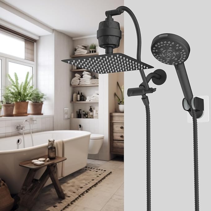 Hibbent All Metal 10'' Dual Filtered Rainfall Shower Head Combo, High Pressure Handheld Shower Head with 12'' Adjustable Extension Arm, 20 Stage Shower Filter, 10-spray, 71'' Hose, Oil Rubbed Bronze
