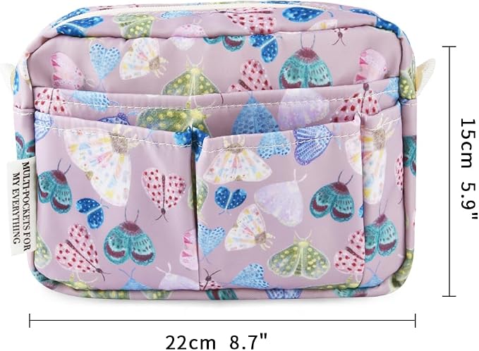 E-WEICHEN Multiple Pockets Portfolio Organizer with Zippered, Makeup Bag Travel Essentials for Women, Simple Waterproof Stationery Pencil Pouch Bag for Journal Office Art Supplies.Purple Moth