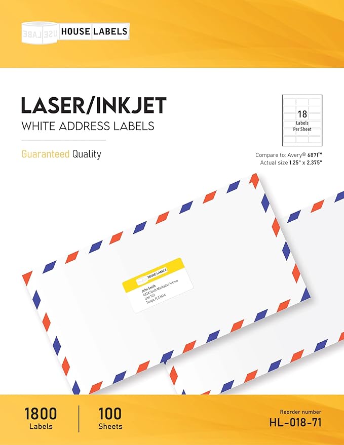 HOUSELABELS 18-up Address Labels (2-3/8" x 1-1/4") for Laser and Inkjet Printers, 25 Sheets