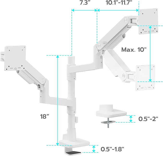 ARES WING Dual Monitor Arm Desk Mount for 17-49 Inch Ultrawide Monitors, Heavy Duty Dual Monitor Mount Holds 44 lbs, Full Motion Gas Spring Vertical Stacked Monitor Mount, 75/100 VESA Mount, White