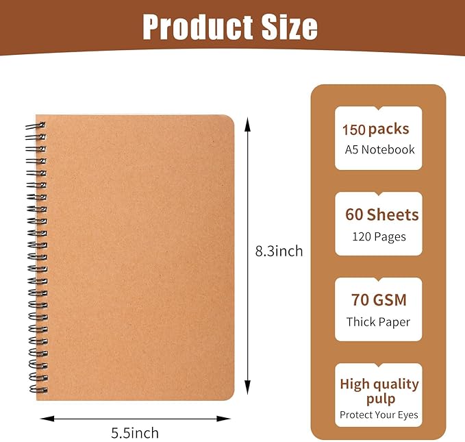 miikoul 150 Packs A5 Spiral Notebooks, 8.3"×5.5", 60 Sheets/120 Pages, Hardcover Lined Journal Notepad Travel Notebooks for Office and Back to School Supplies