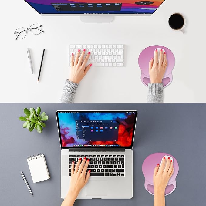 ITNRSIIET Ergonomic Mouse Pad with Comfort Gel Wrist Rest, Non-Slip PU Base, Smooth Textured Surface, Reduces Hand Fatigue & Wrist Pain, 8.7 x 7.2 Inch for Office Gaming Home, Soft Pink Gradient
