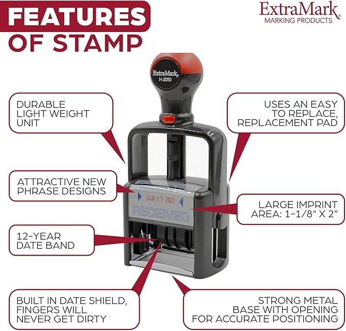 Heavy Duty Style Office Date Stamp with Shipped - Self Inking Dater - Style C - Red Ink Color