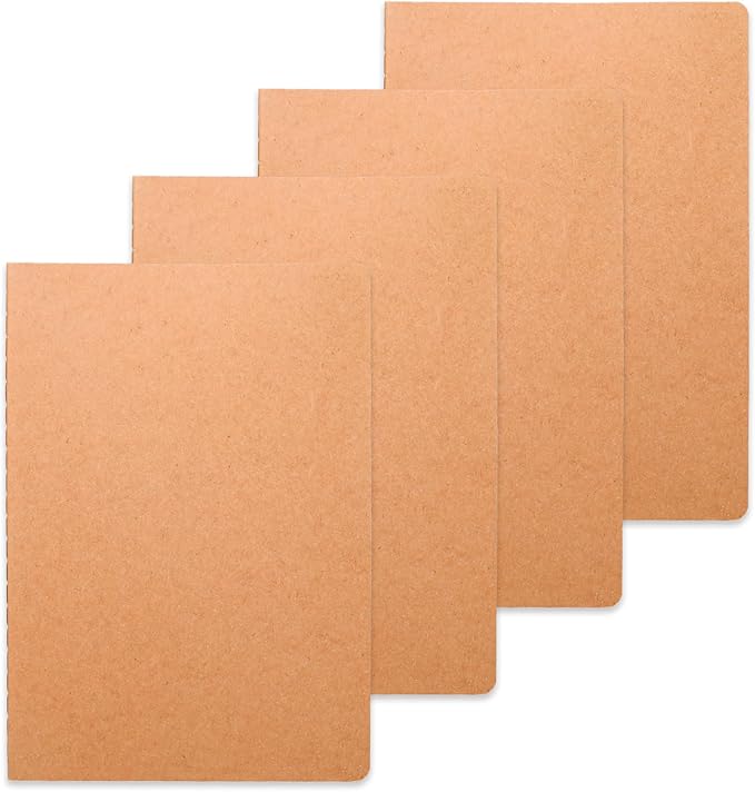 miikoul 4 Pack A5 Kraft Paper Notebook Lined Journal Bulk, 8.3 X 5.5 Inch, 60 Pages/30 Sheets, 80gsm, Travel Notebook Notepad for Adult, Students, Gift, Office, Back to School Supplies