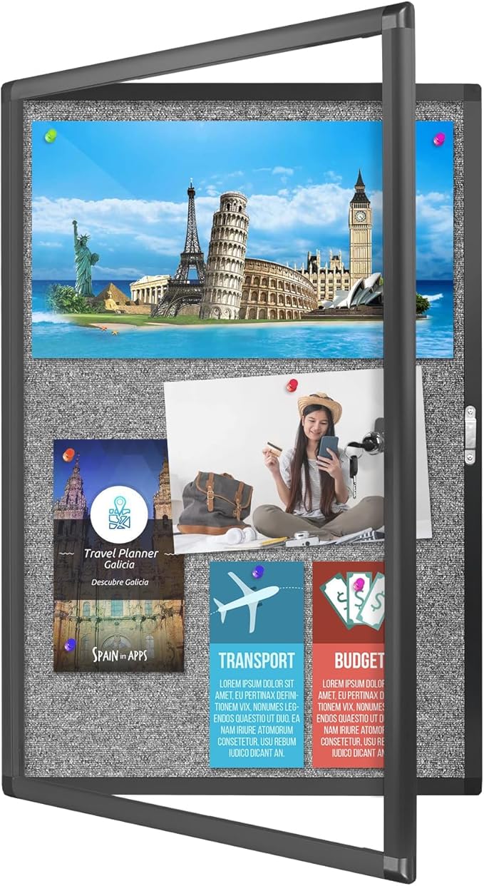 Outdoor Enclosed Bulletin Board, Grey Felt Weatherproof Notice Noticeboard with Clear Acrylic Locking Door, Wall-Mounted Black Aluminum Framed Display Case,36x24in (5xA4)