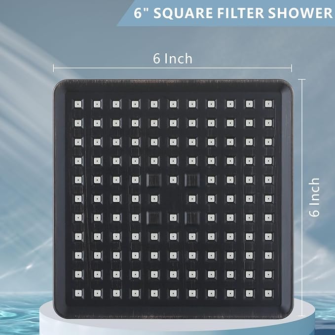 High Pressure Rain Shower Head with Filtered - 6" Square Showerhead Filter for Remove Chlorine and Harmful Substances, Improve Hair and Skin Problems, Oil Rubbed Bronze